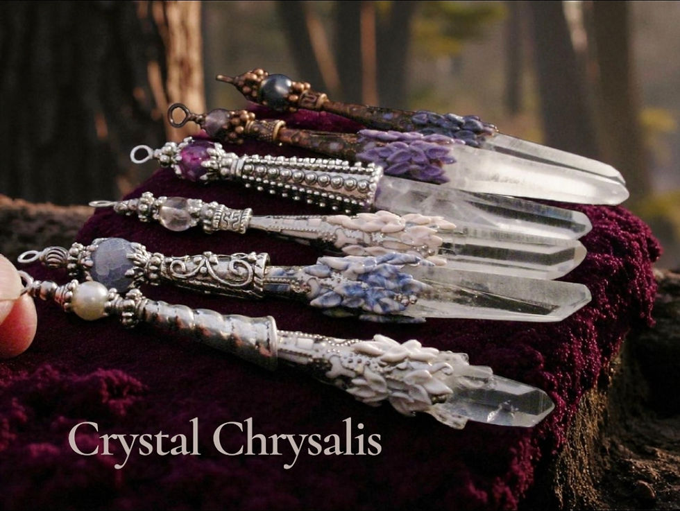 Eye-level view of a crystal jewelry display with vibrant colors and intricate designs