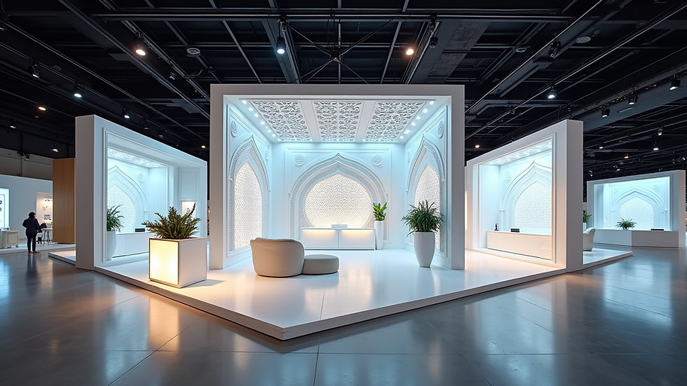 Eye-level view of a modern exhibition stand with LED lighting and Arabic geometric patterns