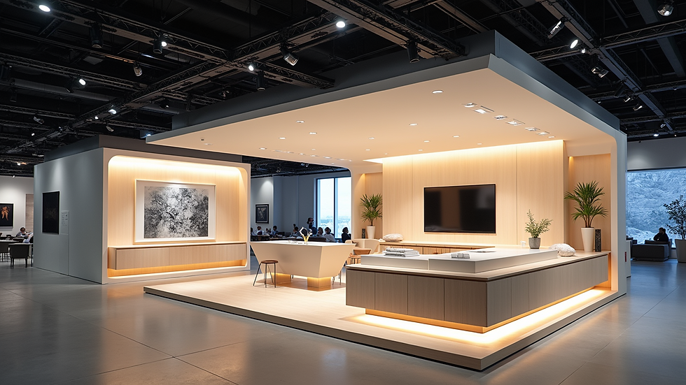 Close-up view of a custom fabricated exhibition booth with sleek finishes