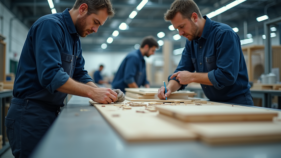 Close-up view of a fabrication workshop with skilled workers crafting exhibition stand components