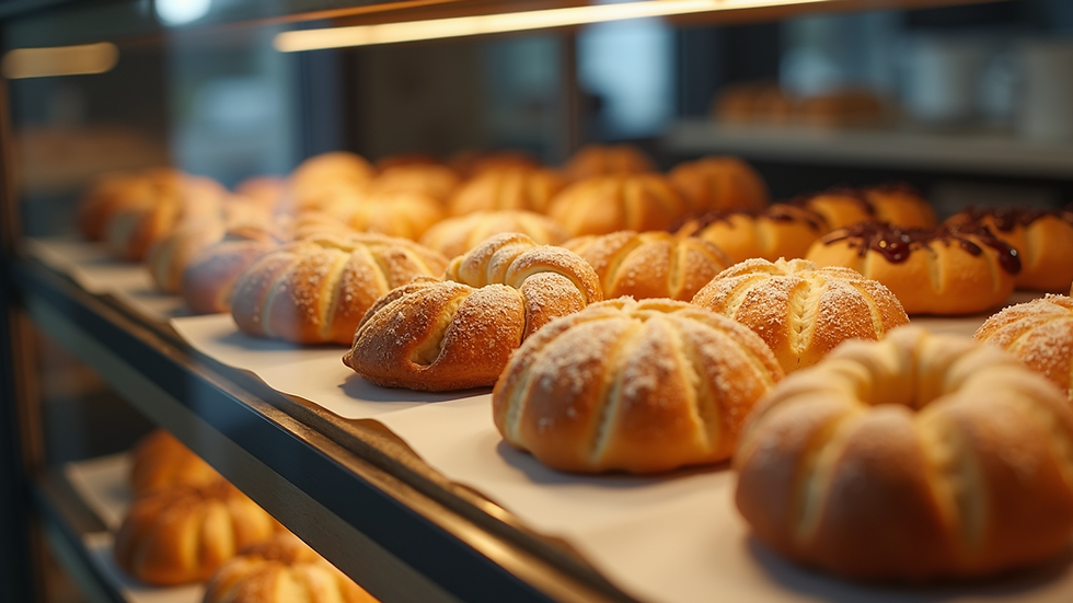 Eye-level view of bakery display case filled with assorted fresh pastries