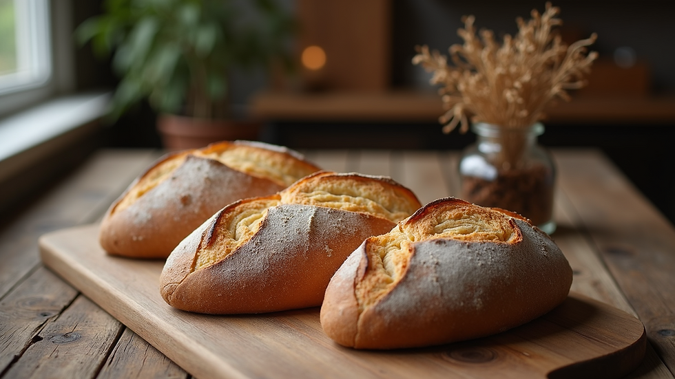 Eye-level view of a rustic wooden table with freshly baked artisan bread