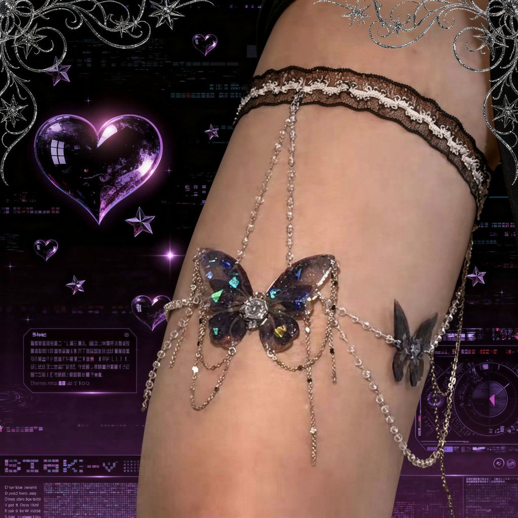 Lace Pearl Butterfly Waist & Leg Body Chain - Purple