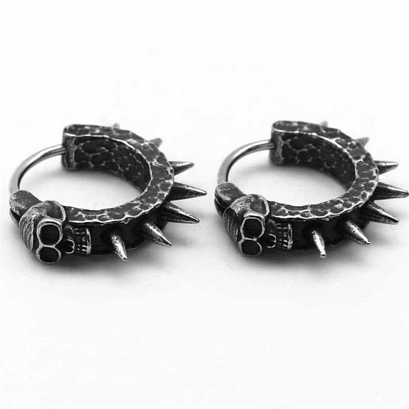Gothic Rivet Skull Hoop Earrings - Black