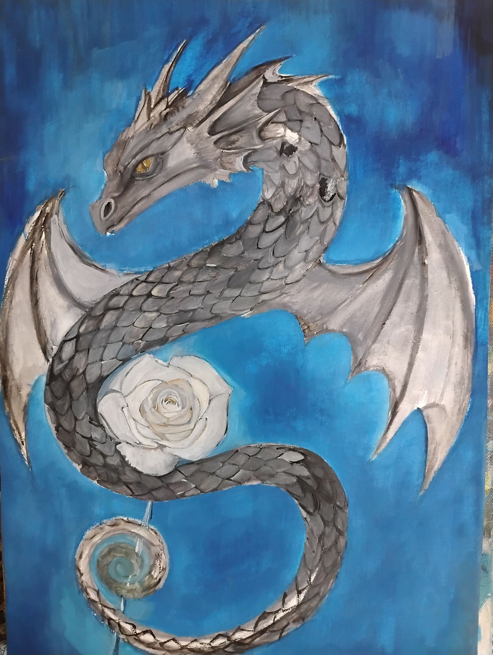 Poster color + mixed media painting of a silver dragon protecting a white rose against a blue background