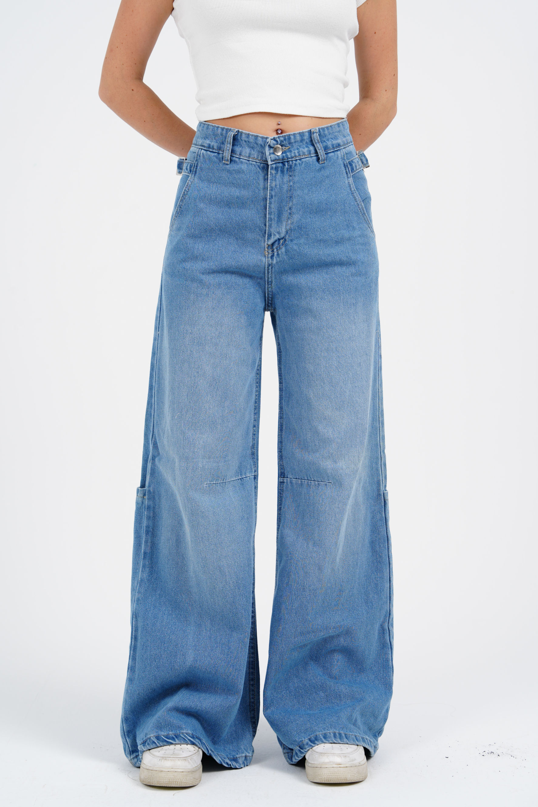 Light Blue Side Belt Wide Leg