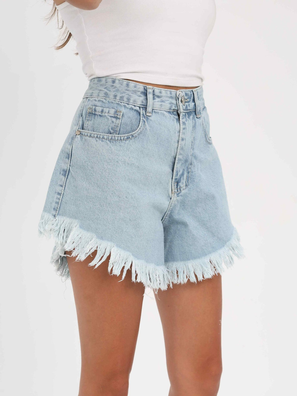 Blue Fringe Denim Shorts