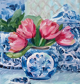 Spring Tulips in Blue & White Chinoiserie Fine Art Print