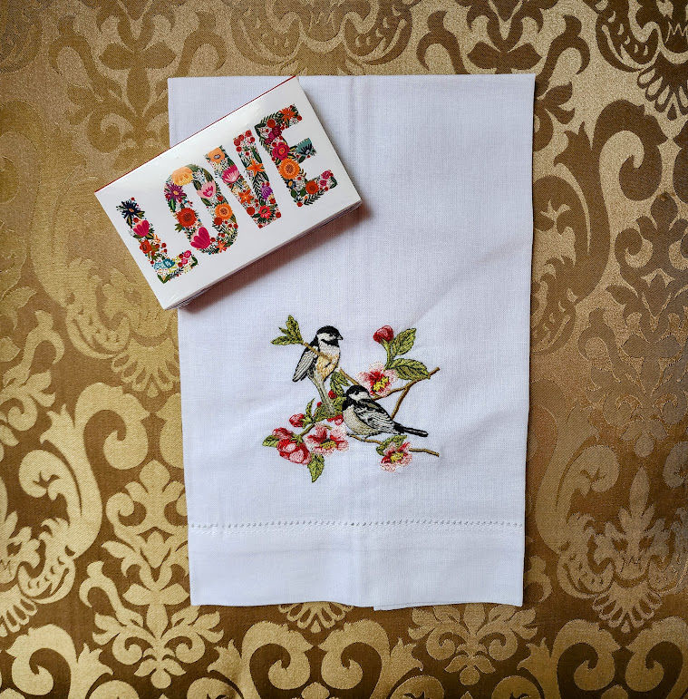 Embroidered Chickadees in LOVE Hemstich Finger Tip Towel