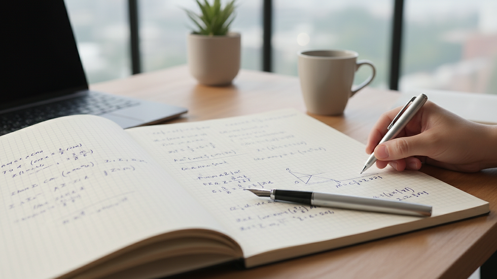 Close-up view of a notebook with math problems and a pen