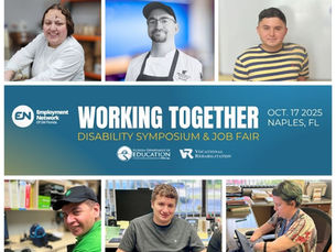 Join us for the "Working Together 2025" Disability Symposium & Job Fair on October 17, 2025, in Naples, FL! Presented by the Employment Network of Southwest Florida, this event focuses on inclusive employment opportunities and support.