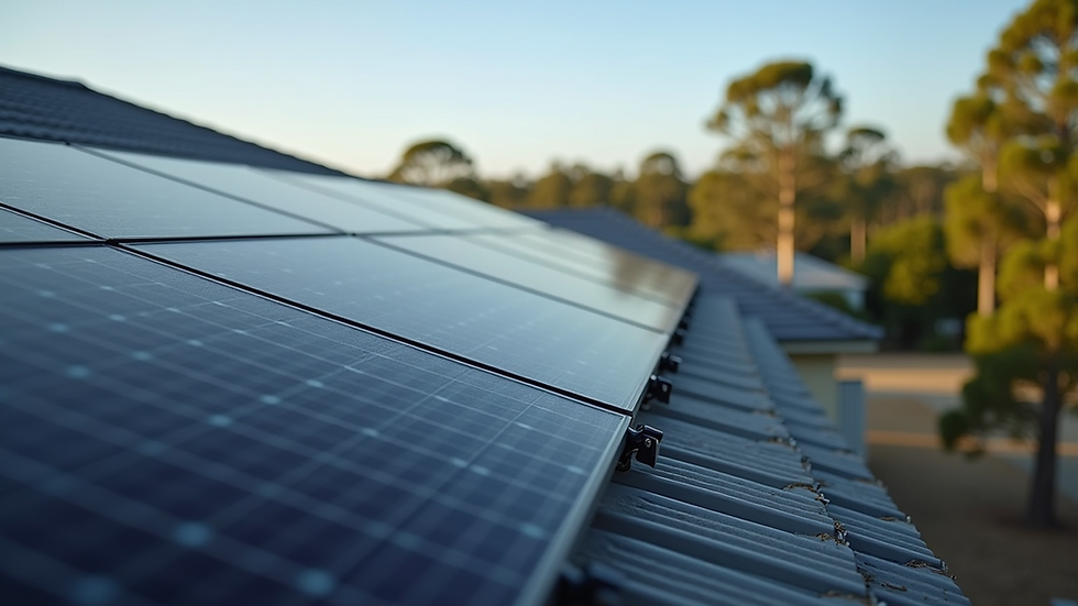 High angle view of solar panels installed on a suburban Australian roof