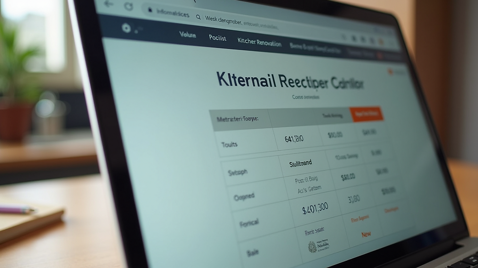 Close-up view of a laptop screen showing a kitchen renovation cost calculator