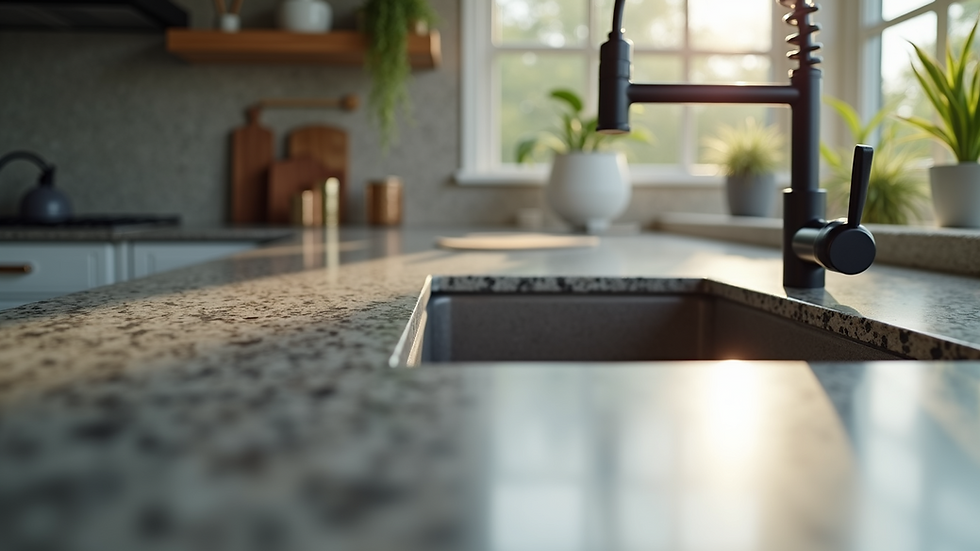 Close-up view of kitchen countertop with granite surface and sink