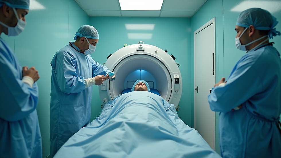 High angle view of a hyperbaric chamber being prepared for a session