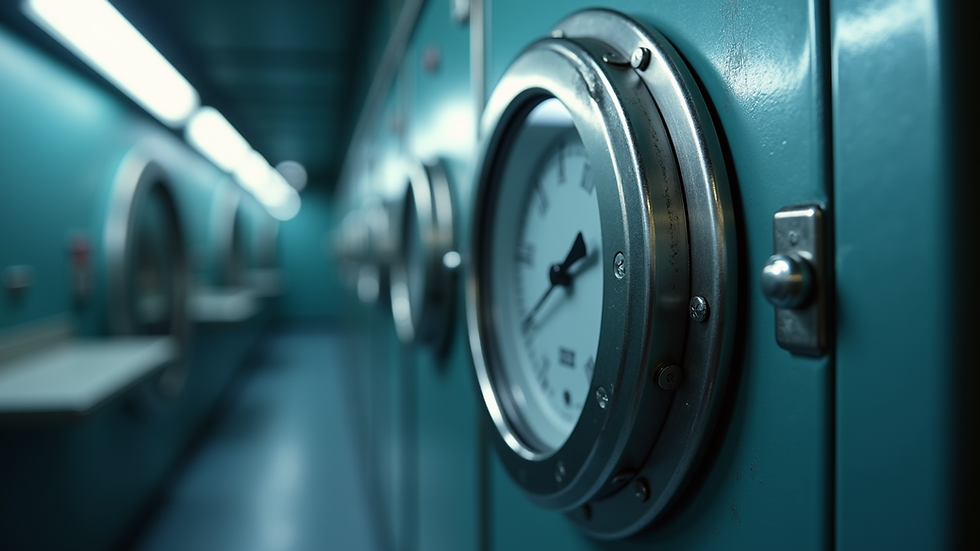 Close-up view of a hyperbaric chamber door and pressure gauge