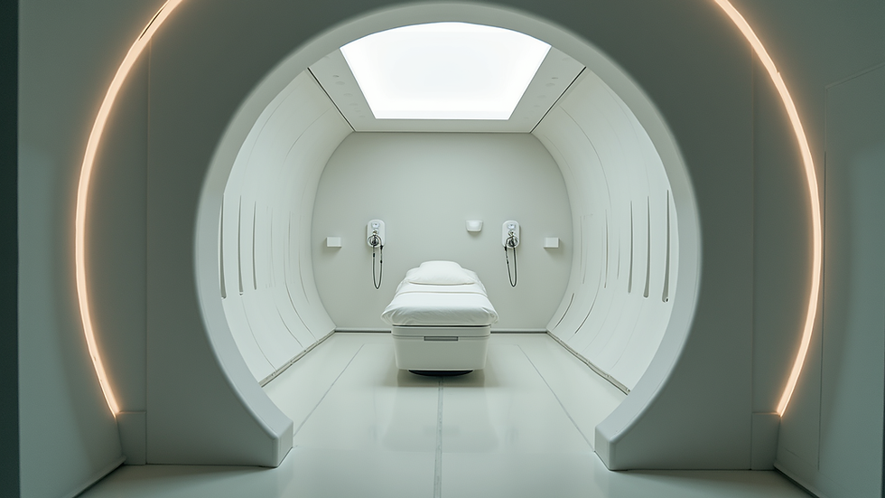 Eye-level view of a single-person hyperbaric chamber in a wellness centre