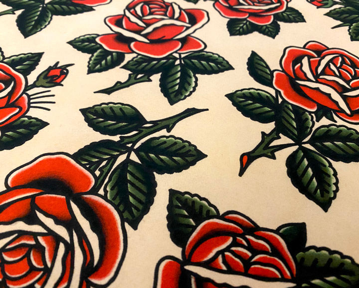 Thumbnail: Red Roses Traditional Tattoo Flash Sheet (11x14)