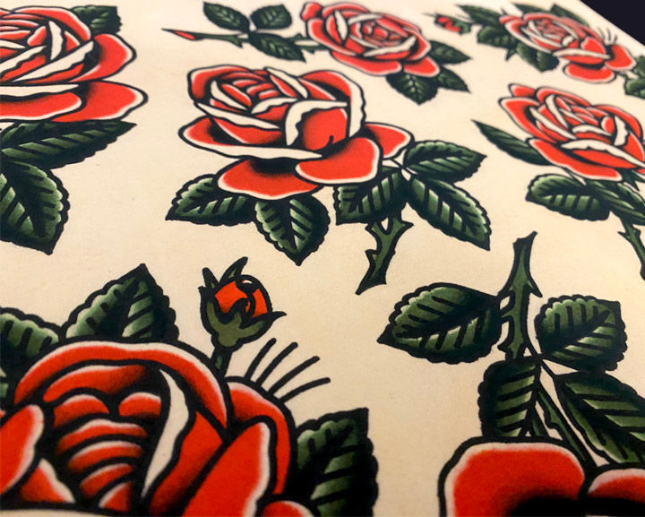 Thumbnail: Red Roses Traditional Tattoo Flash Sheet (11x14)