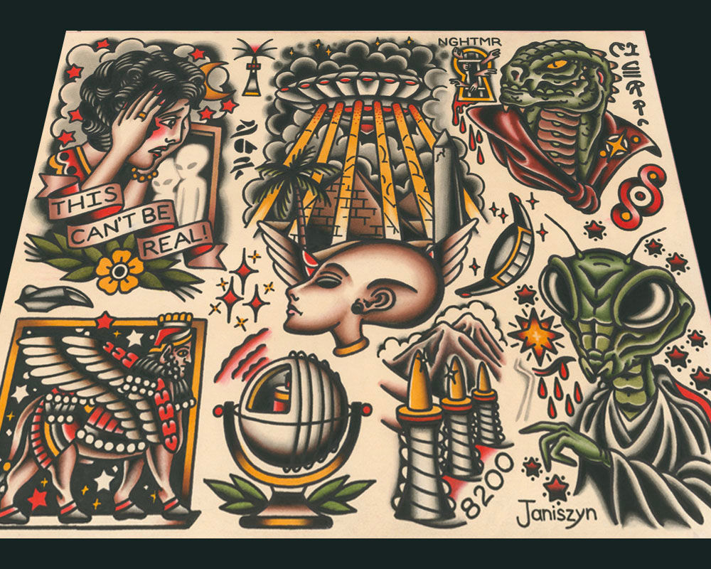 Sheet #1 Alien / Ufo Traditional Tattoo Flash Print (11x14)
