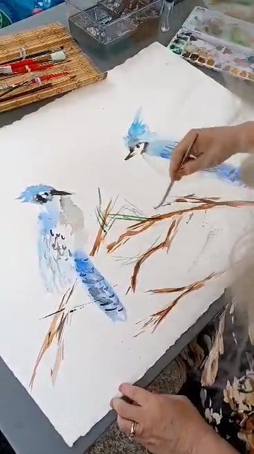 Miniature : Aquarelle originale geais bleus 22x30 Marouflée Les tourtereaux