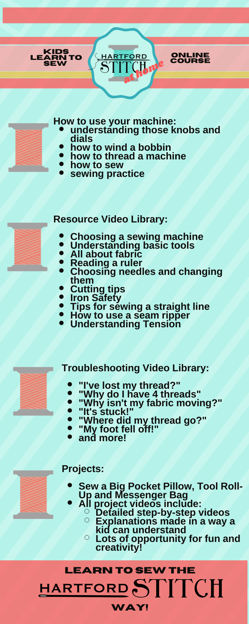 Infographic with aqua striped background and bright coral and pink headers explaining the Hartford Stitch at Home: Kids Learn to Sew E-Course curriculum