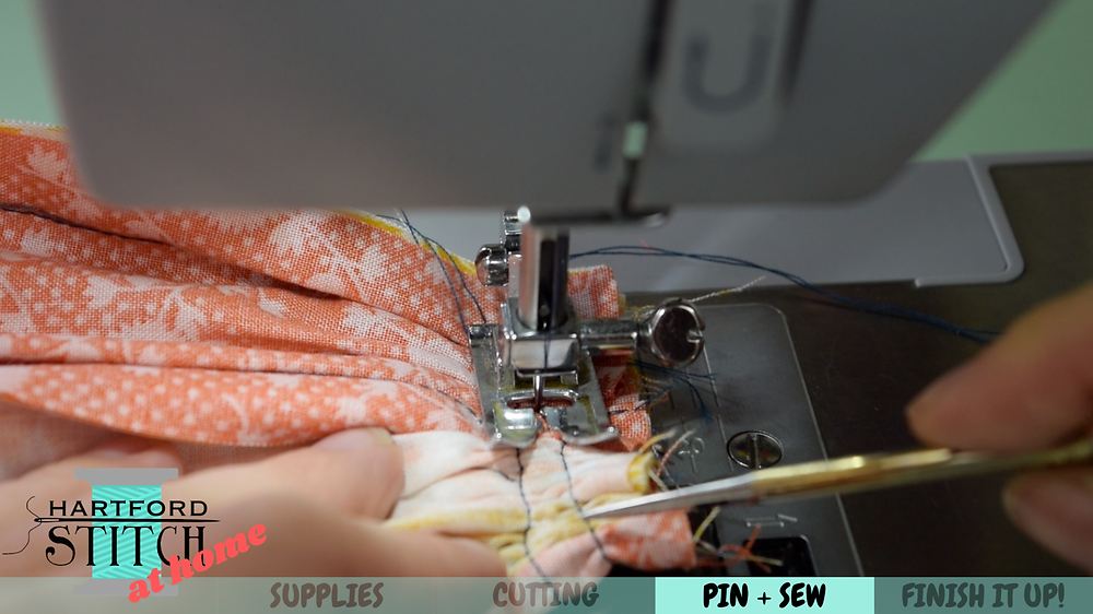 Sewing the gathers for handmade scrap fabric pumpkin sewing tutorial by Hartford Stitch.