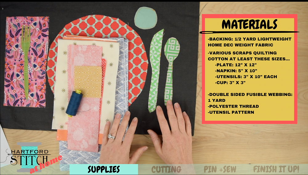 Hartford Stitch at Home logo. Photo shows a colorful applique placemat, stack of scraps, and a spool of blue thread. A caption box lists out materials needed.
