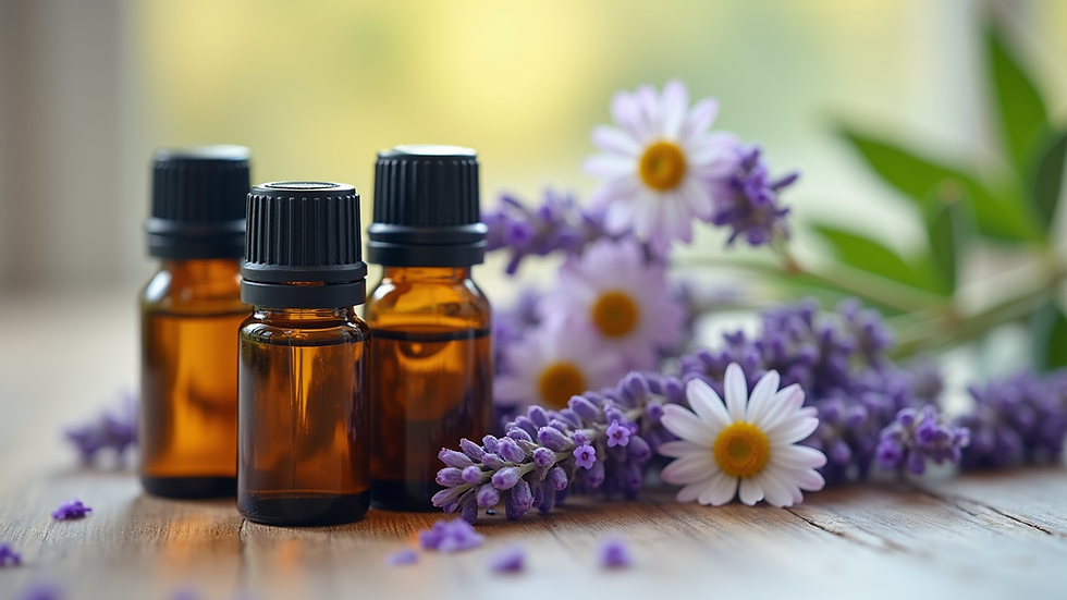 Close-up view of essential oil bottles with lavender and chamomile flowers