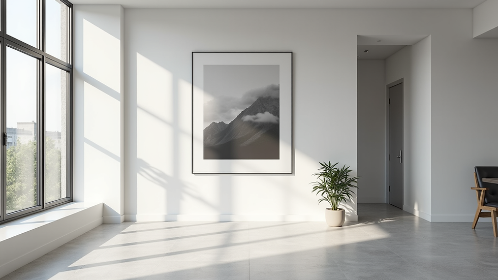 Wide angle view of a minimalist office space with a large fine art photograph on the wall