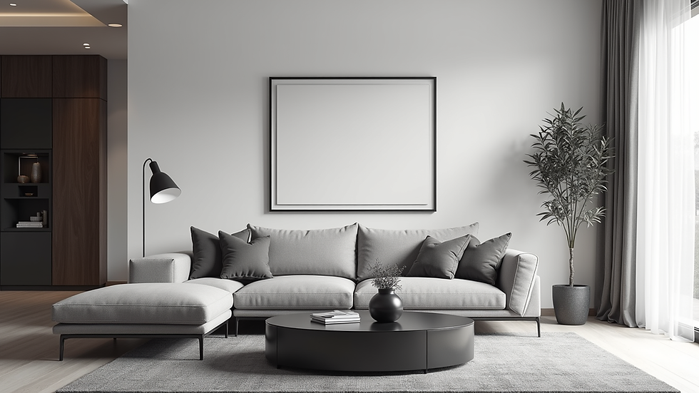 Eye-level view of a modern living room wall featuring a large framed black-and-white photograph