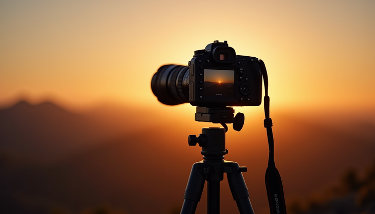 Eye-level view of a professional camera on a tripod capturing a landscape scene
