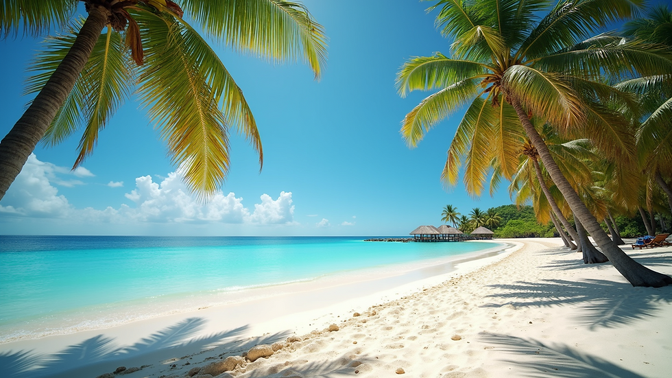 Eye-level view of a tropical beach with palm trees and clear blue water