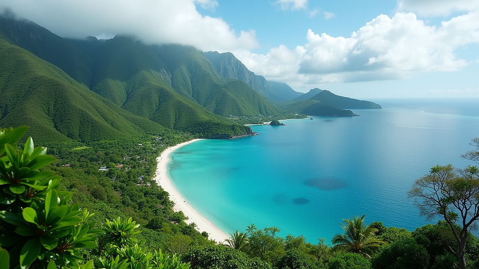 High angle view of a Vanuatu island coastline with lush greenery and ocean