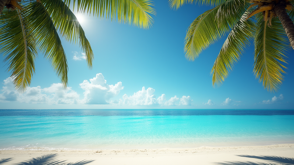 Eye-level view of a tropical beach with clear blue water and palm trees