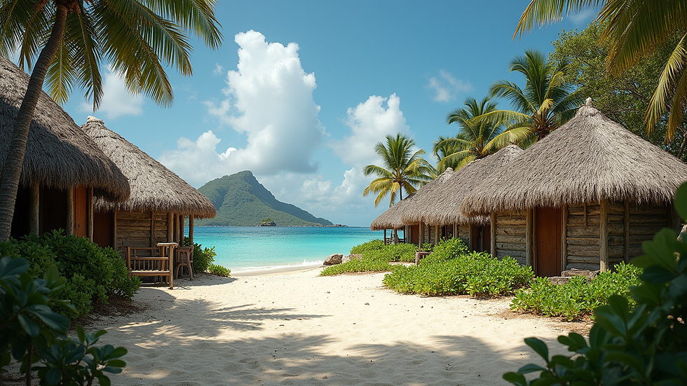 Wide angle view of a coastal Vanuatu village with traditional huts