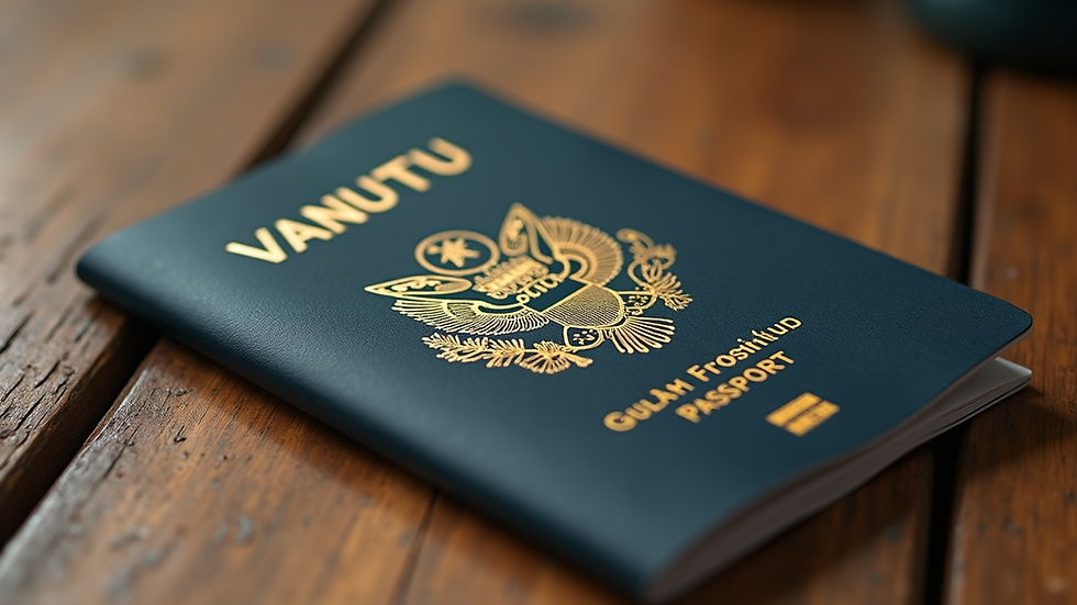 Close-up view of a Vanuatu passport on a wooden table