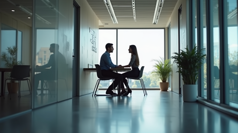 Eye-level view of a modern office with a consultant assisting a client