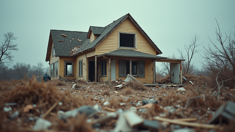 Eye-level view of a destroyed house surrounded by debris after a hurricane