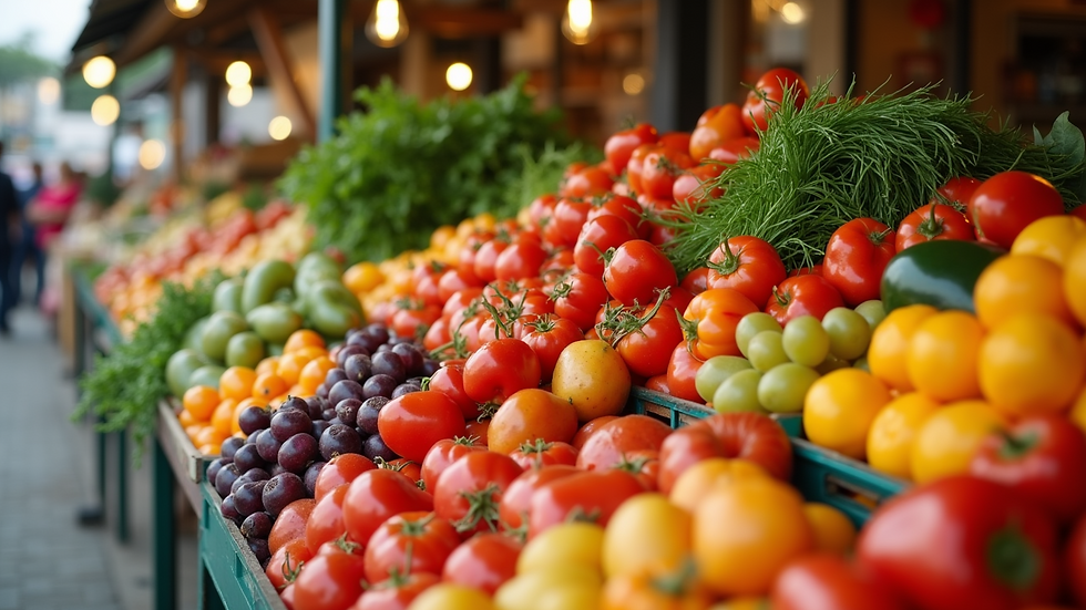 Close-up view of a vibrant display of fresh fruits and vegetables at a local market