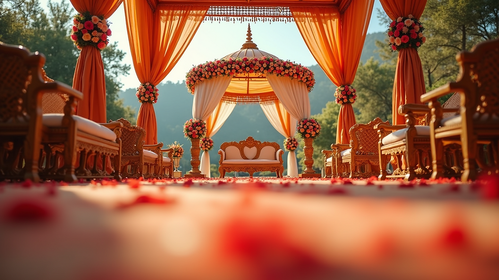 Eye-level view of traditional Indian wedding mandap decorated with flowers