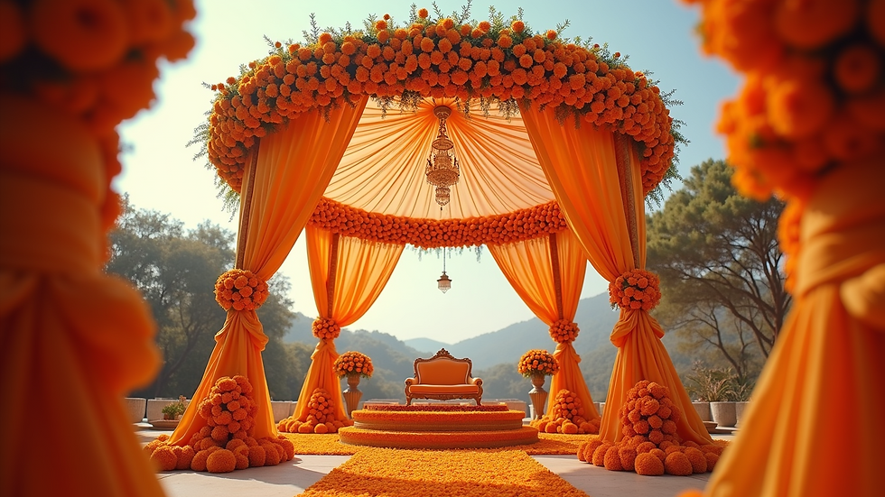 High angle view of a wedding mandap decorated with marigold flowers and drapes