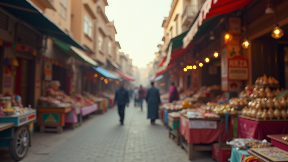 Wide angle view of bustling Jodhpur market street with colorful stalls