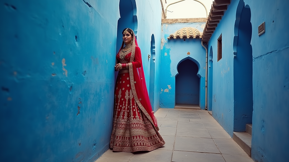 Eye-level view of a bride’s red lehenga against blue Jodhpur walls