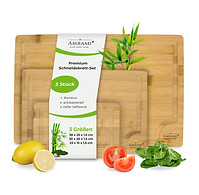 AMRAMI 3-piece extra-thick organic bamboo cutting and serving board set, including sizes 33 x 22 cm, 28 x 22 cm, and 22 x 15 cm, featuring practical handles
