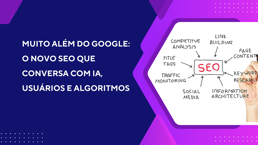 Capa do blog 'Muito além do Google: o novo SEO que conversa com IA, usuários e algoritmos', com fundo em tons de azul e roxo, e diagrama sobre estratégias de SEO como link building, conteúdo, arquitetura da informação e redes sociais