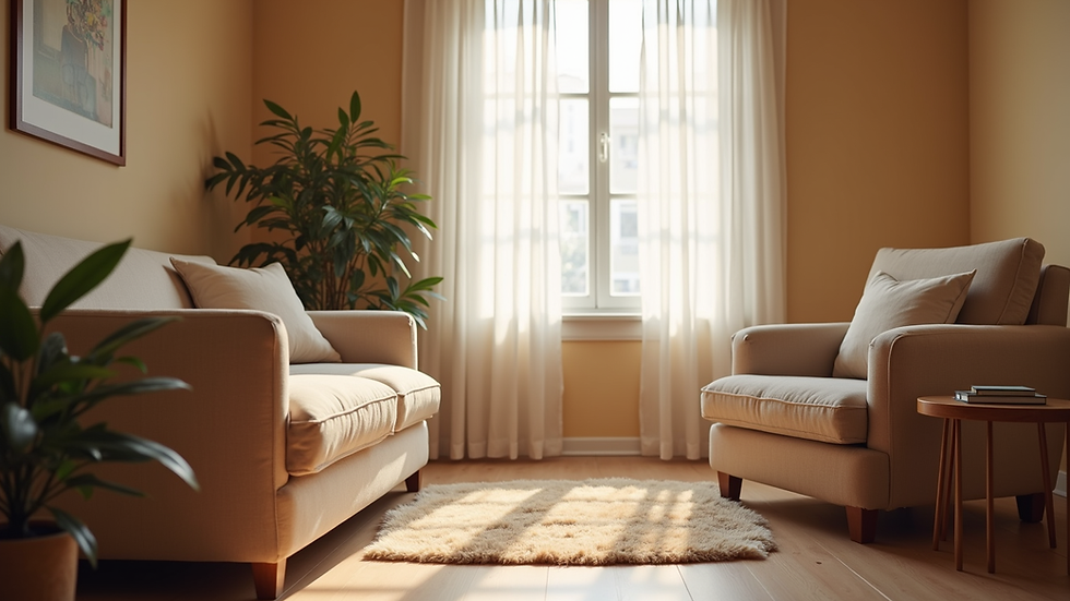 Eye-level view of a cozy therapy room with comfortable seating