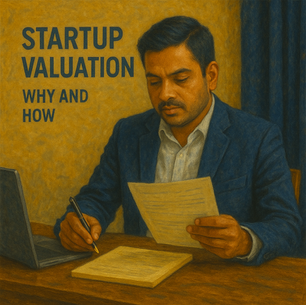 Indian businessman in navy blue suit reviewing financial documents and writing notes at a wooden desk, symbolizing startup valuation analysis in India, oil painting style, warm golden background.