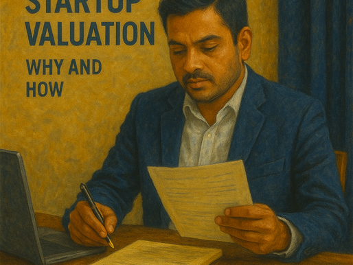 Indian businessman in navy blue suit reviewing financial documents and writing notes at a wooden desk, symbolizing startup valuation analysis in India, oil painting style, warm golden background.
