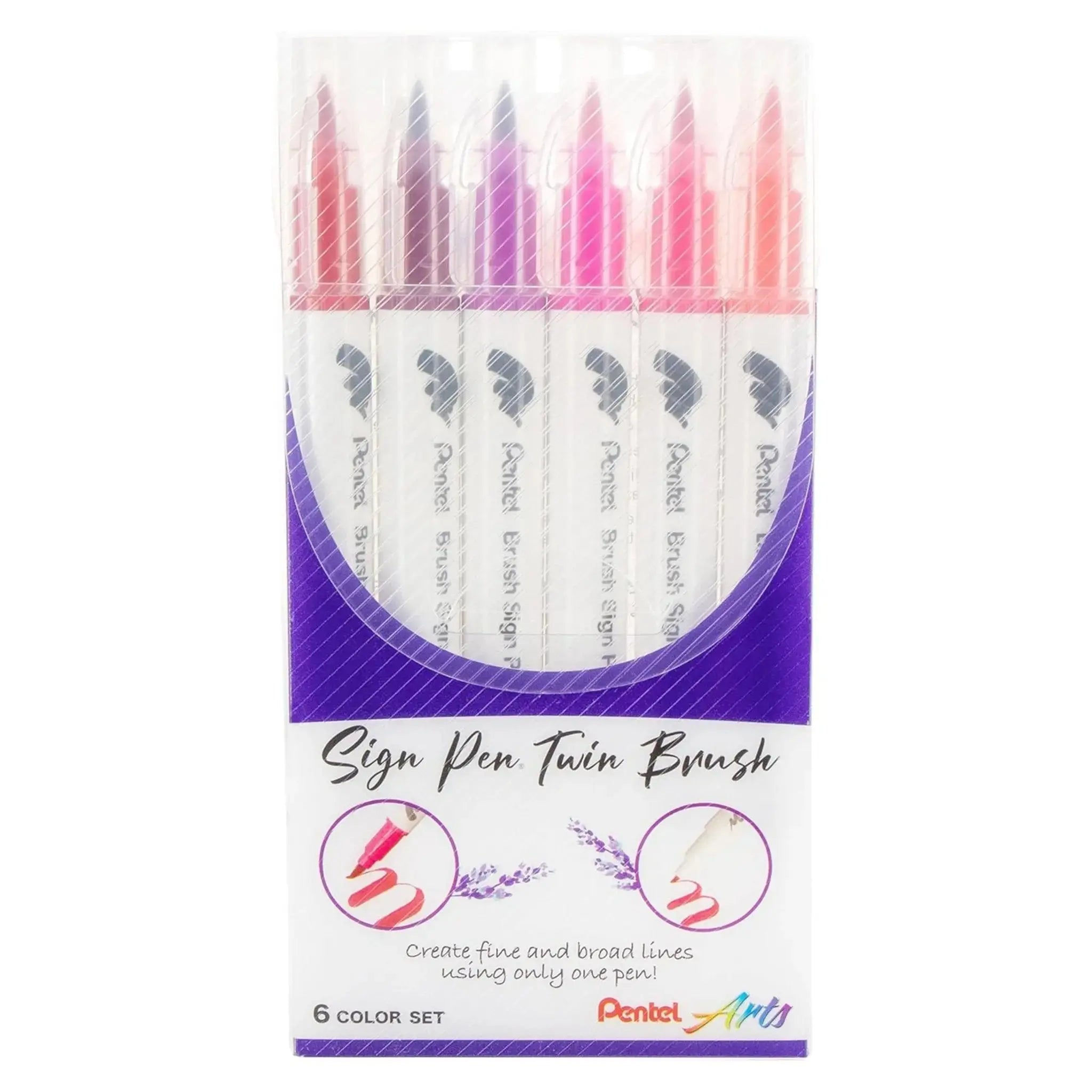 Pentel Arts Sign Pen Twin Brush, Pack of 6
